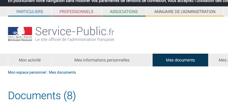 Capture d'écran du site Service-Public.fr montrant la catégorie "Mes documents"